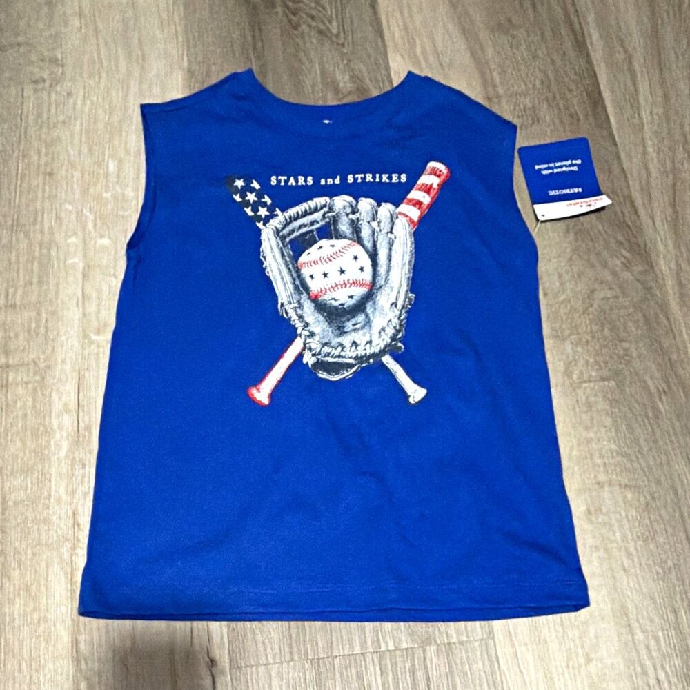 Boys Blue Baseball Graphic Tank Top Patriotic Crew Neck Size 6/7 NWT A5